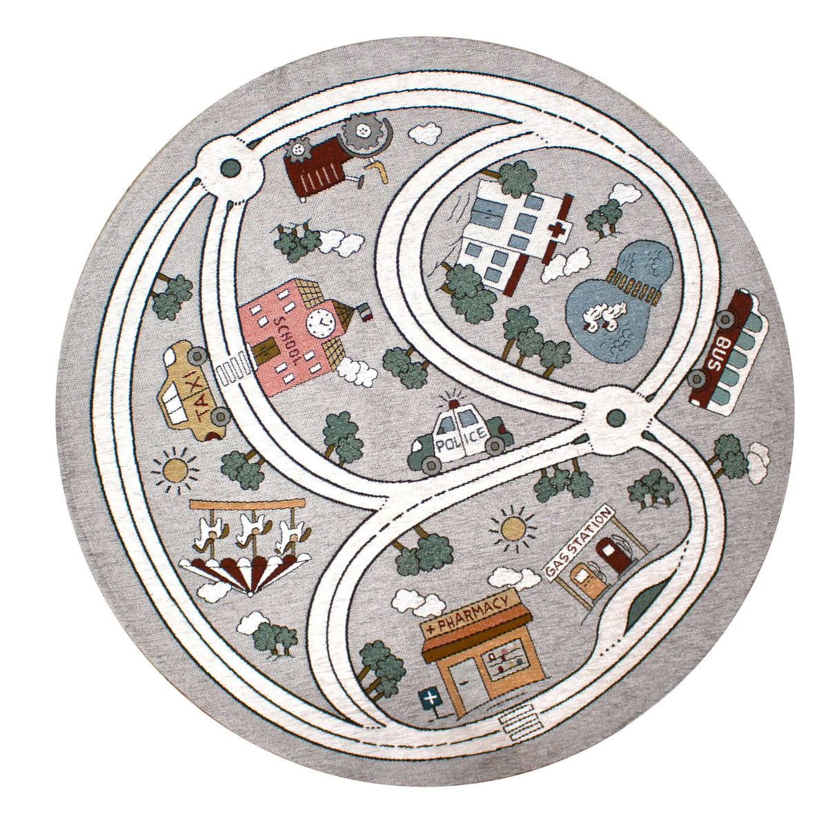 TAPPETO CAMERETTA OROLOGIO ROSA TONDO, tappeto per bambini con mappa stradale, diametro 140 cm, antiscivolo.