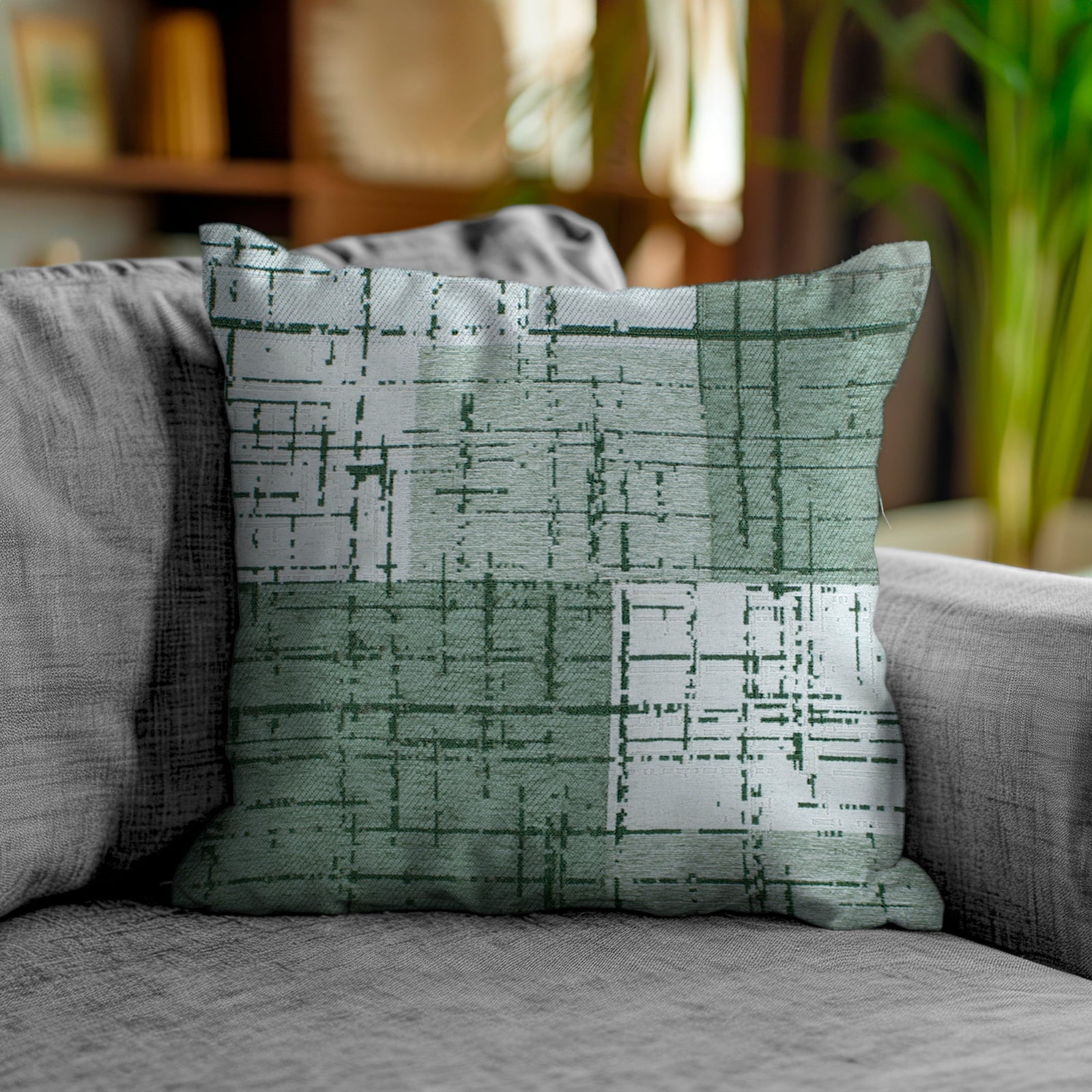 Cuscino arredo jacquard verde cenere 50x50 cm, sfoderabile, ideale per decorare living e camere.