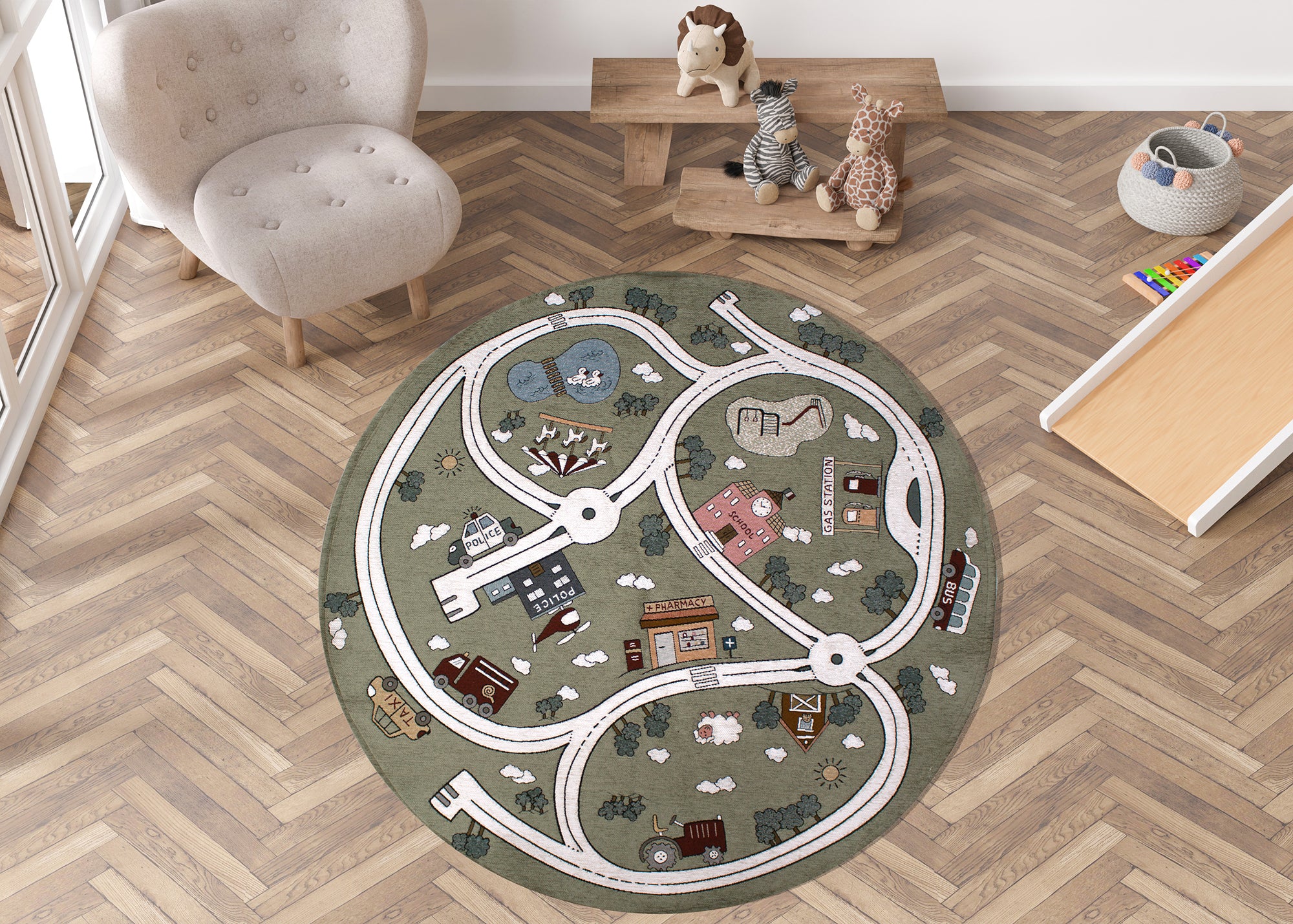 TAPPETO CAMERETTA PISTA CON ANTISCIVOLO, tappeto rotondo con design stradale sul pavimento di una cameretta moderna.