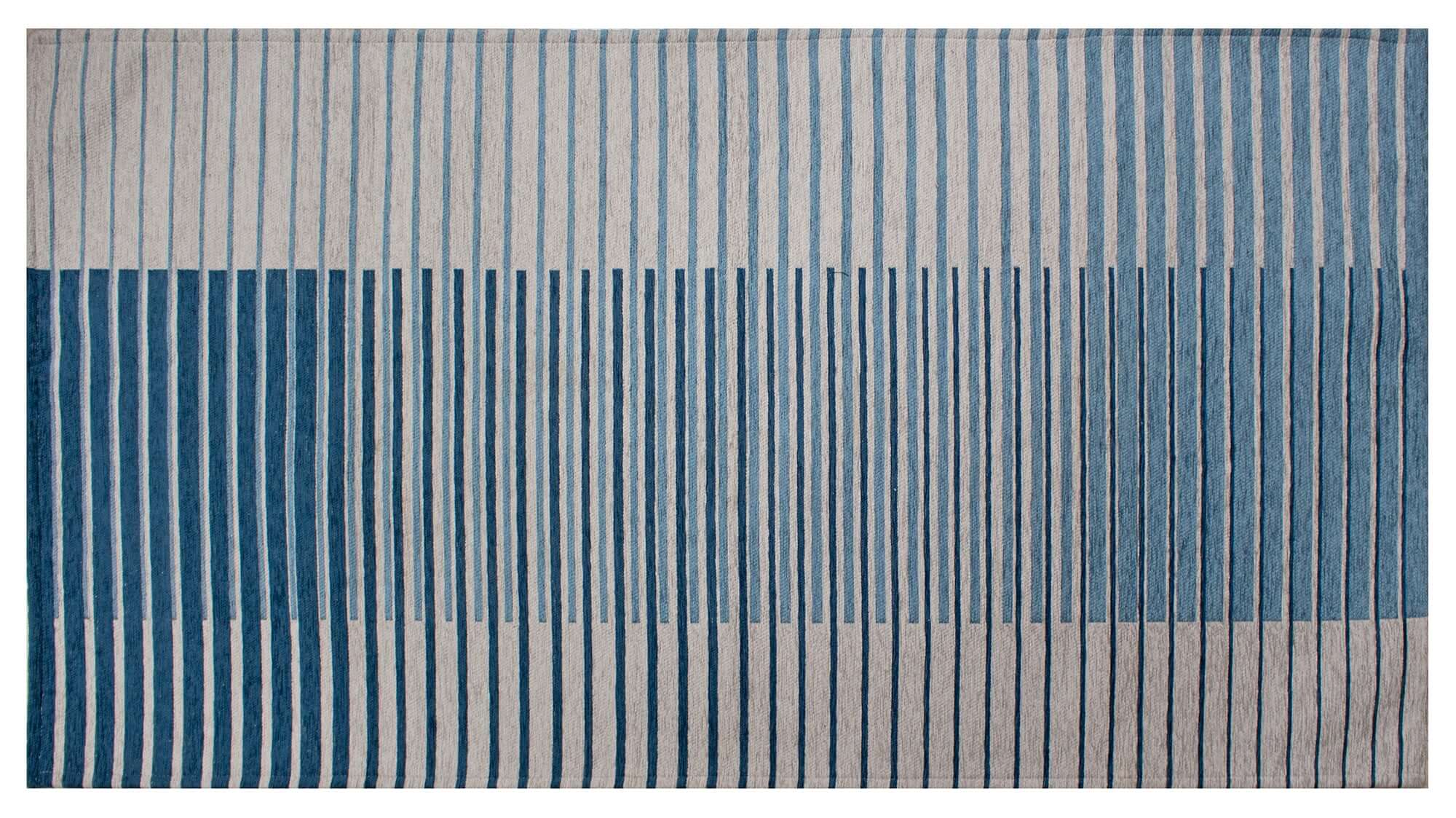 TAPPETO ARREDO NEON CON RETRO ANTISCIVOLO, design moderno con linee sottili blu su sfondo sfumato.