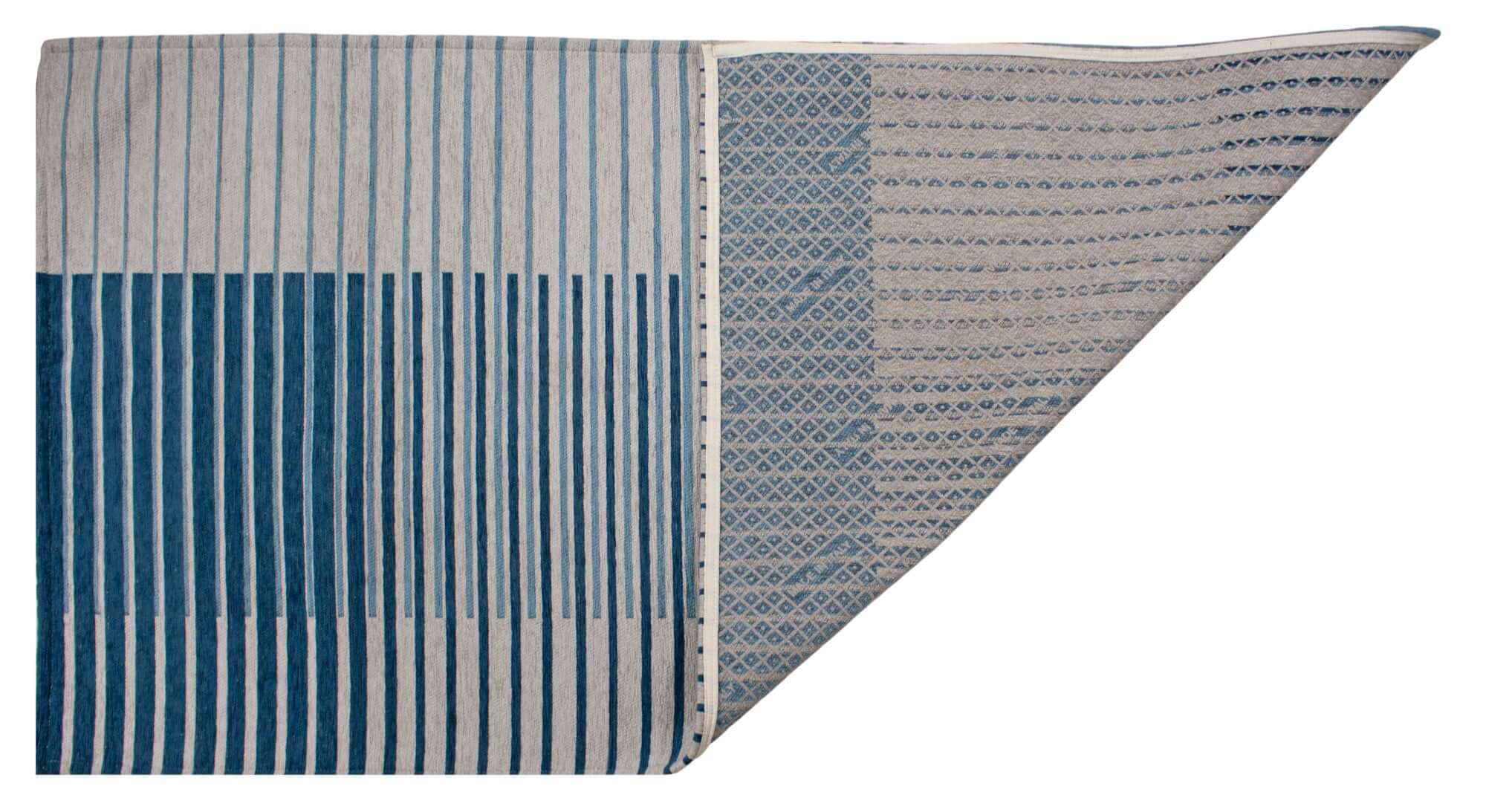 TAPPETO ARREDO NEON CON RETRO ANTISCIVOLO, design raffinato con pattern a strisce blu su sfondo chiaro.