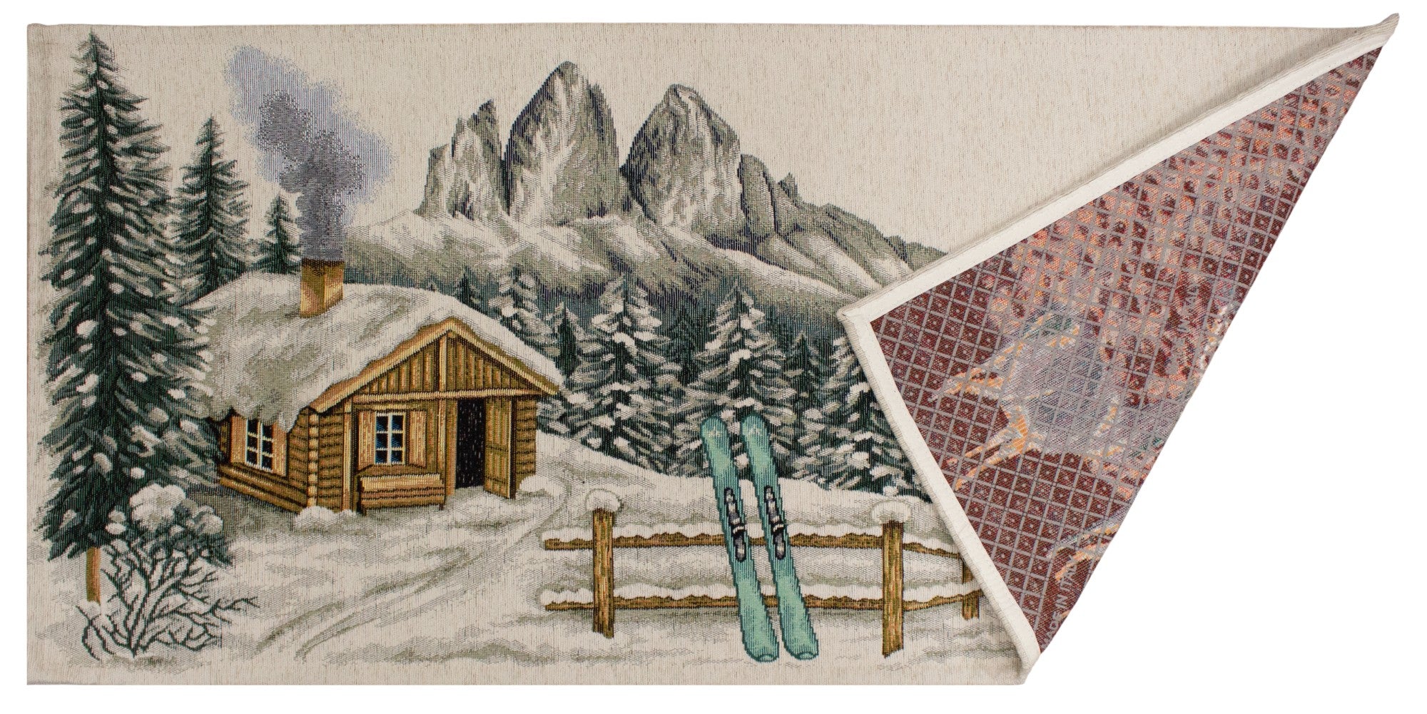 TAPPETO DA CUCINA ALPEN ANTISCIVOLO con design invernale di baita e sci, morbido e resistente, ideale per la cucina.