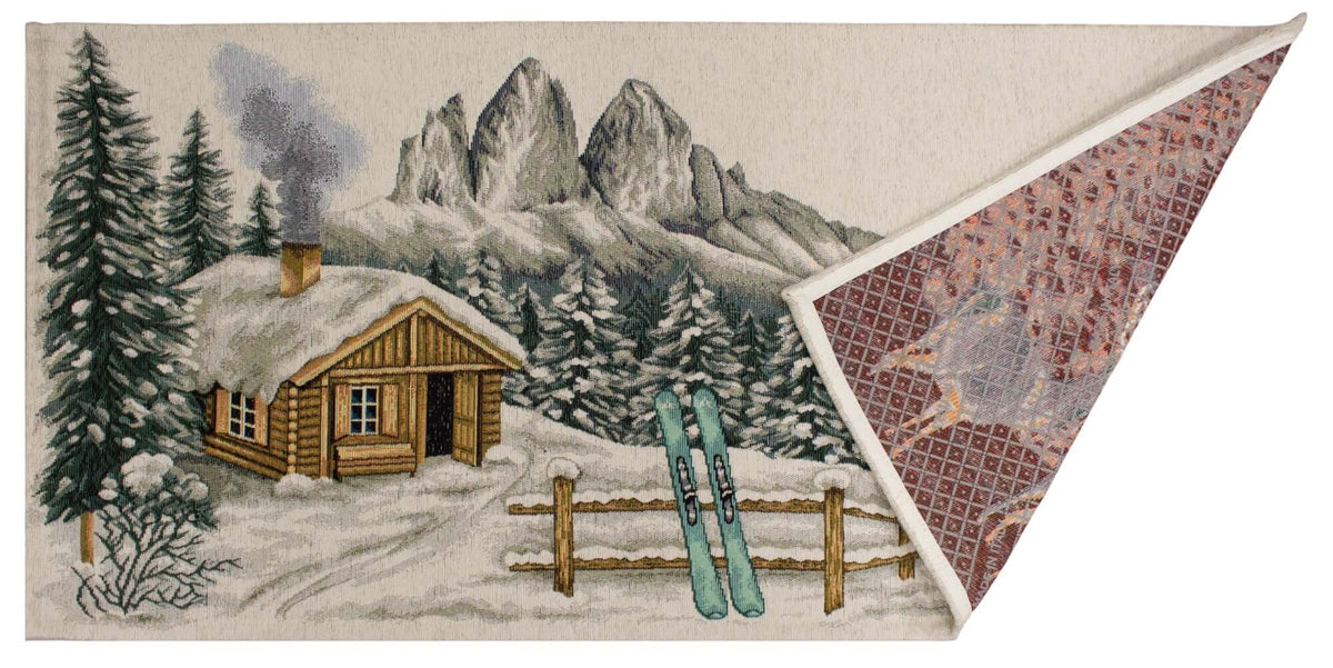 TAPPETO DA CUCINA ALPEN ANTISCIVOLO con design invernale di baita e sci, morbido e resistente, ideale per la cucina.
