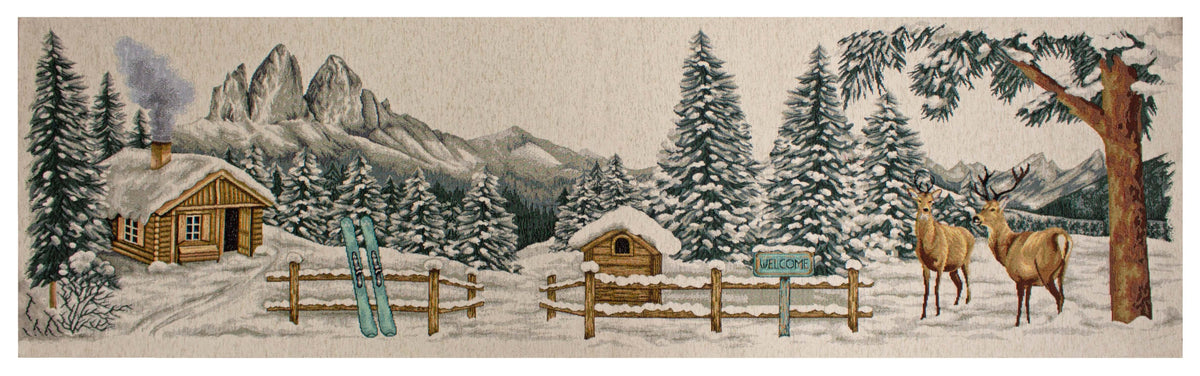 TAPPETO DA CUCINA ALPEN ANTISCIVOLO con paesaggio invernale, casa di legno e cervi nel bosco innevato.