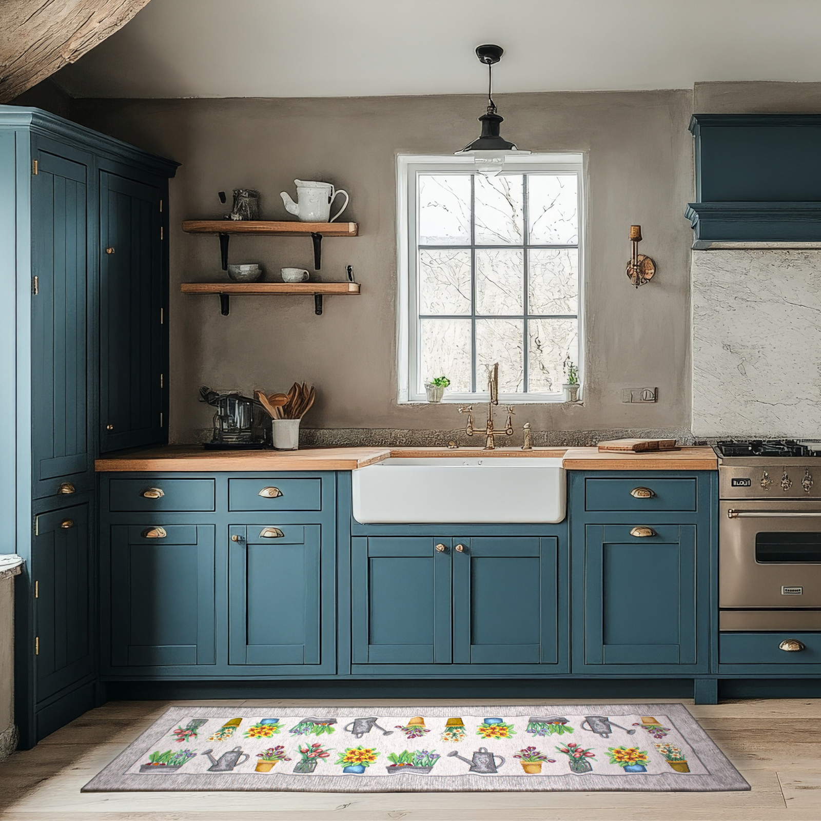 TAPPETO DA CUCINA DIS.DALILA ANTISCIVOLO in una cucina moderna con armadietti blu e lavello bianco.