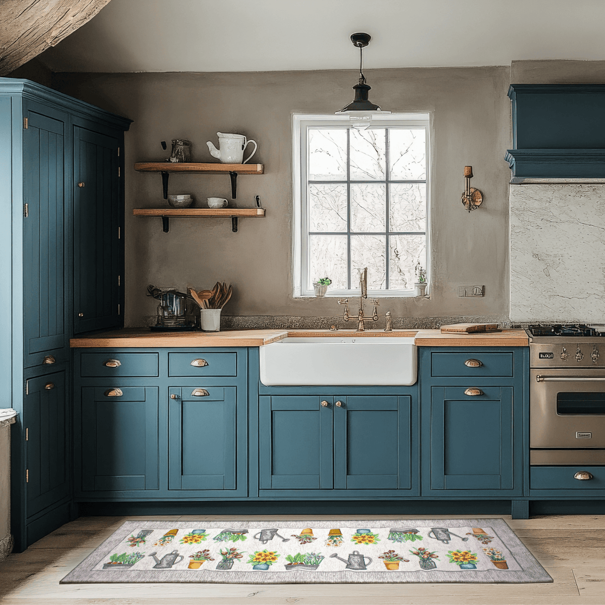 TAPPETO DA CUCINA DIS.DALILA ANTISCIVOLO in una cucina moderna con armadietti blu e lavello bianco.