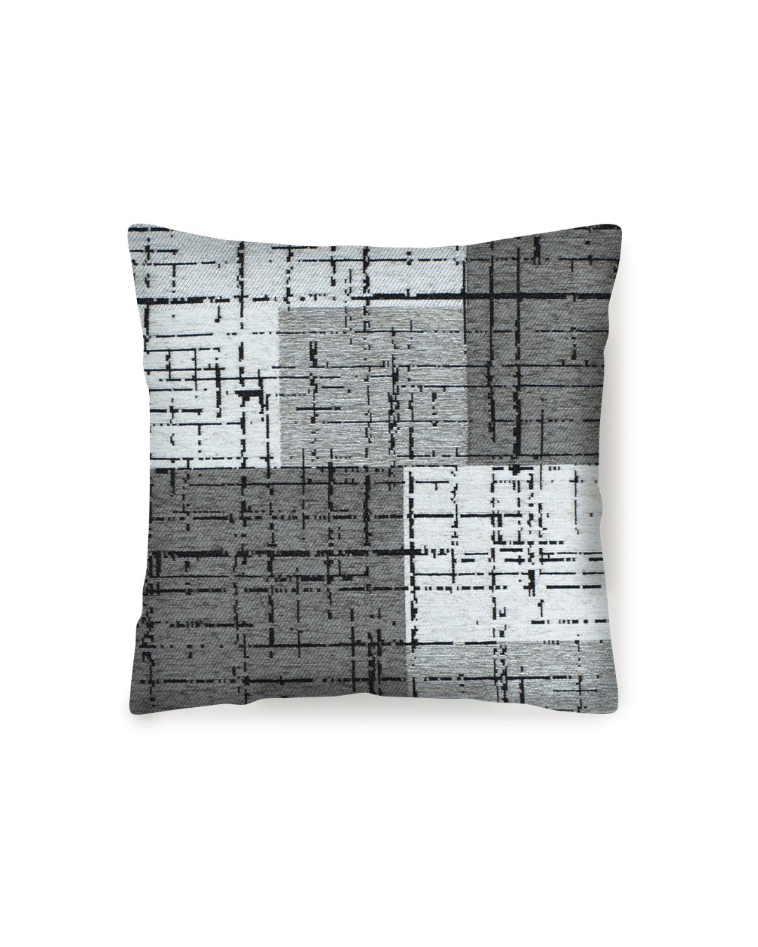 COPPIA CUSCINI ARREDO JACQUARD SFODERABILI MONDRIAN con design geometrico in tonalità grigie.