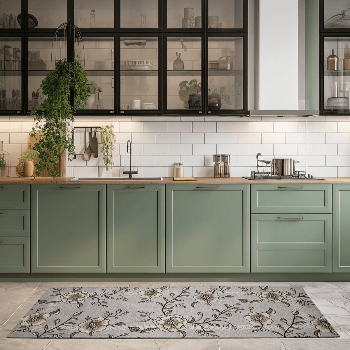 TAPPETO DA CUCINA DIS.ELISIR CON ANTISCIVOLO nella cucina moderna con armadi verdi.