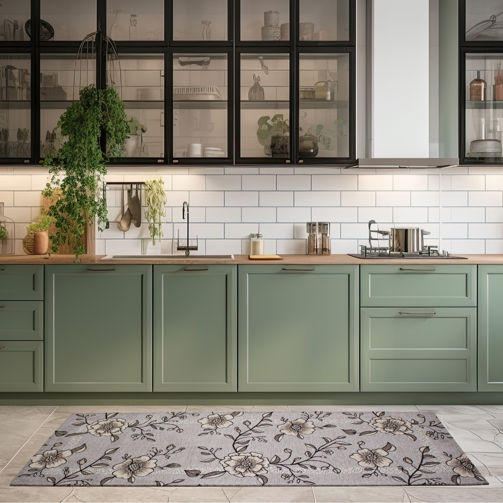 TAPPETO DA CUCINA DIS.ELISIR CON ANTISCIVOLO nella cucina moderna con armadi verdi.