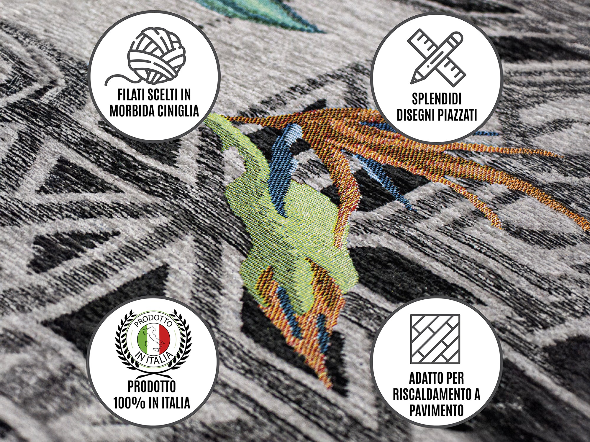 Dettagli del tappeto con disegni colorati, filati in ciniglia, emblematiche decorazioni e certificazione di produzione italiana.