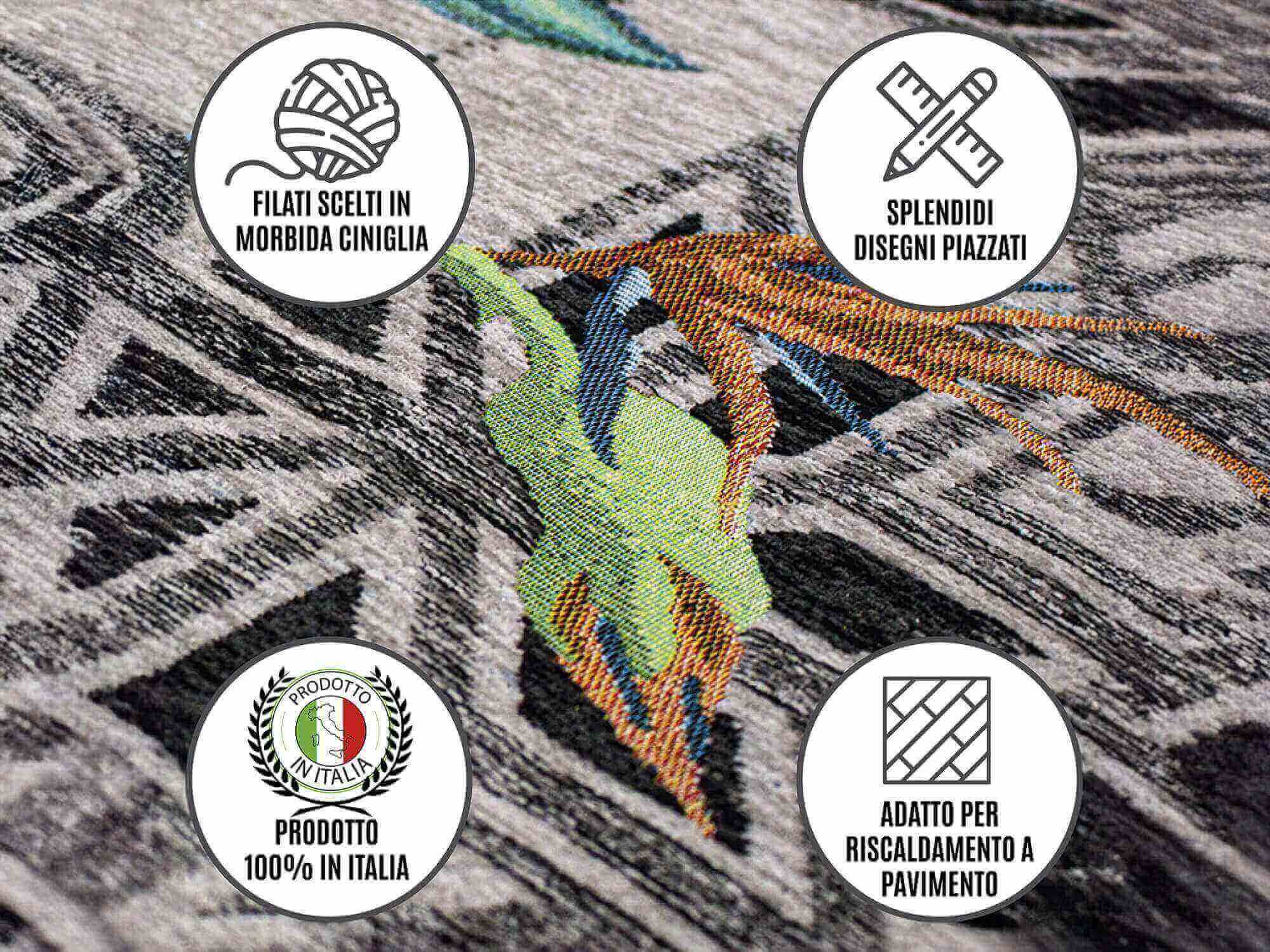 Dettagli sul tappeto in ciniglia: design colorato, prodotto in Italia e adatto per riscaldamento a pavimento.