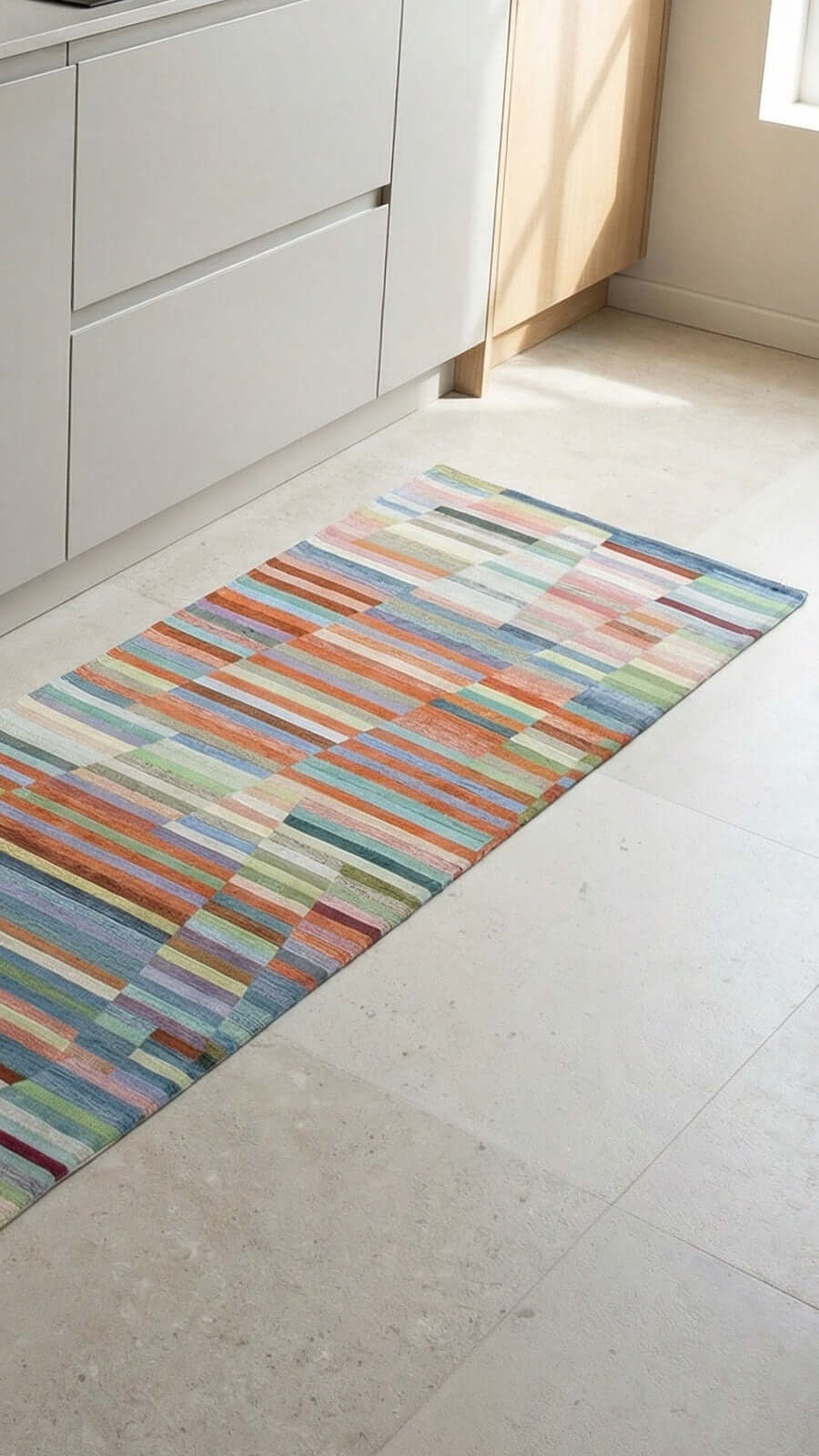 TAPPETO DA CUCINA DIS. GALAXY CON ANTISCIVOLO, moderno, colorato, in morbida ciniglia, posizionato in cucina.