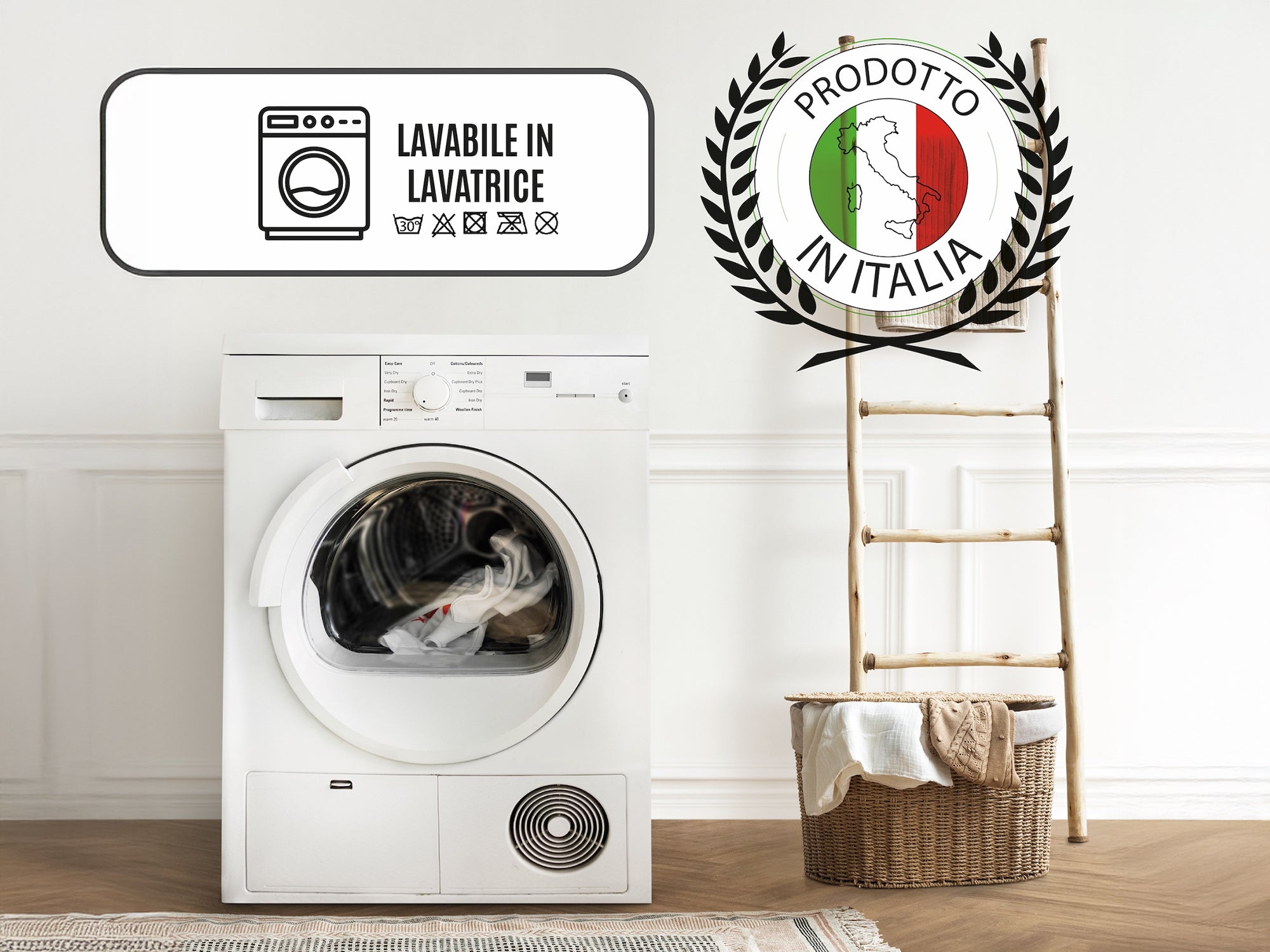 Washing machine with 'lavabile in lavatrice' label and 'prodotto in Italia' badge in a stylish interior.