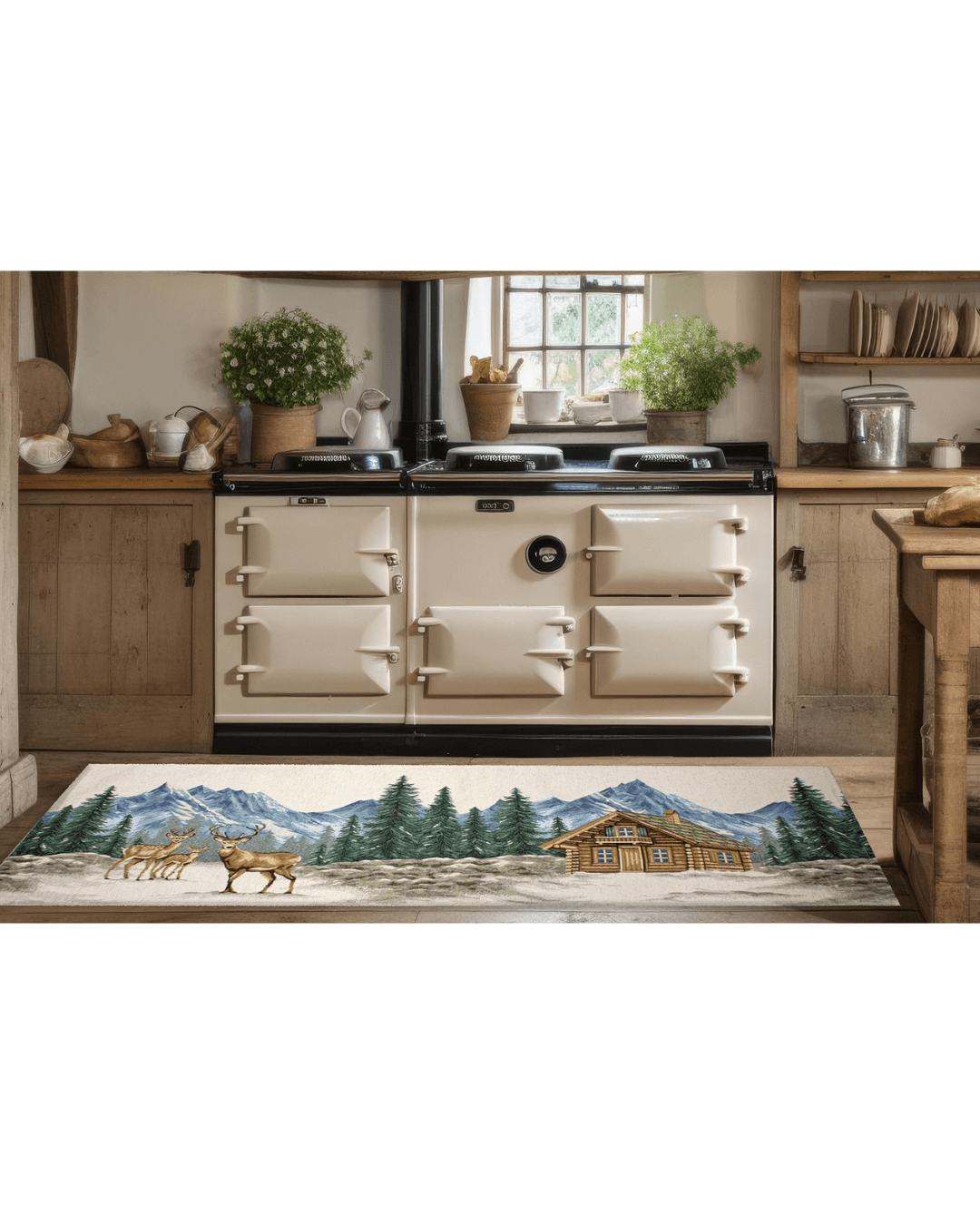 TAPPETO DA CUCINA MONTAGNA CON ANTISCIVOLO in una cucina rustica con fornelli e decorazioni naturali.