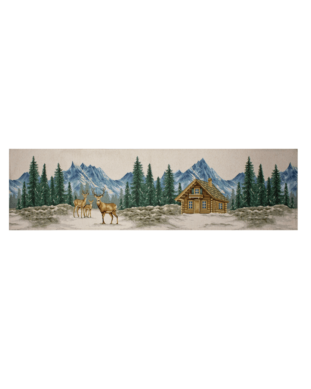 TAPPETO DA CUCINA MONTAGNA CON ANTISCIVOLO con disegno di cervi e baita tra montagne e foreste.