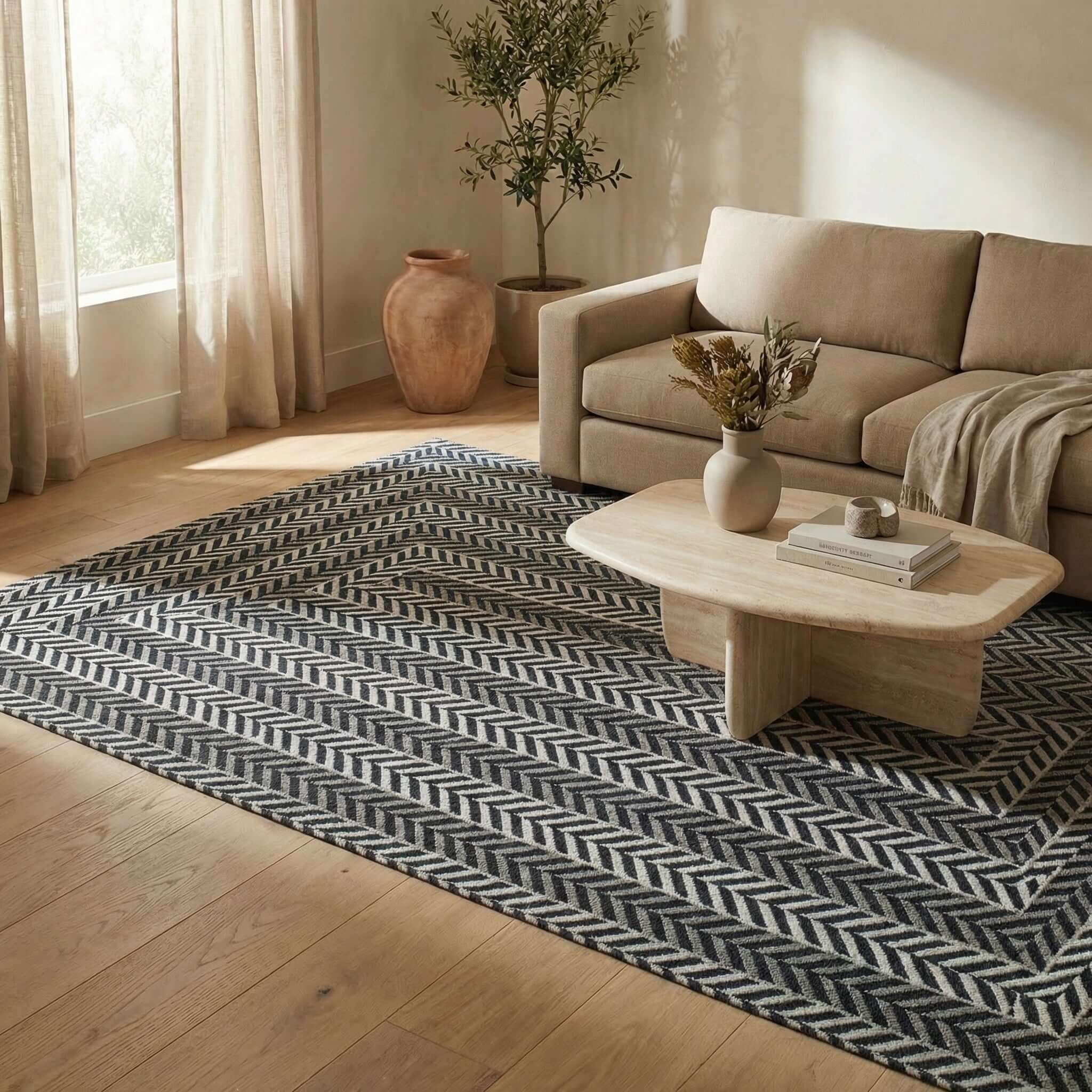 TAPPETO SALICE CON RETRO ANTISCIVOLO in eleganti tonalità grigie, sistemato in un salotto moderno con divano e tavolo.