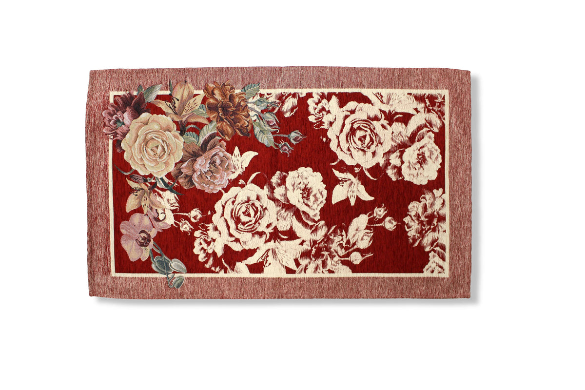 TAPPETO ARREDO DIS.ROSES CON ANTISCIVOLO, tappeto con bouquet di rose su sfondo rosso, morbido e antiscivolo.