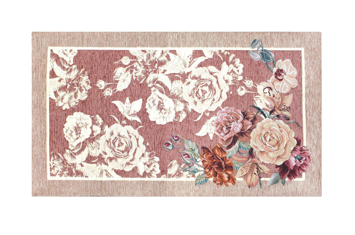TAPPETO ARREDO DIS.ROSES CON ANTISCIVOLO, tappeto elegante con motivo di rose su sfondo rosato, morbido e antiscivolo.