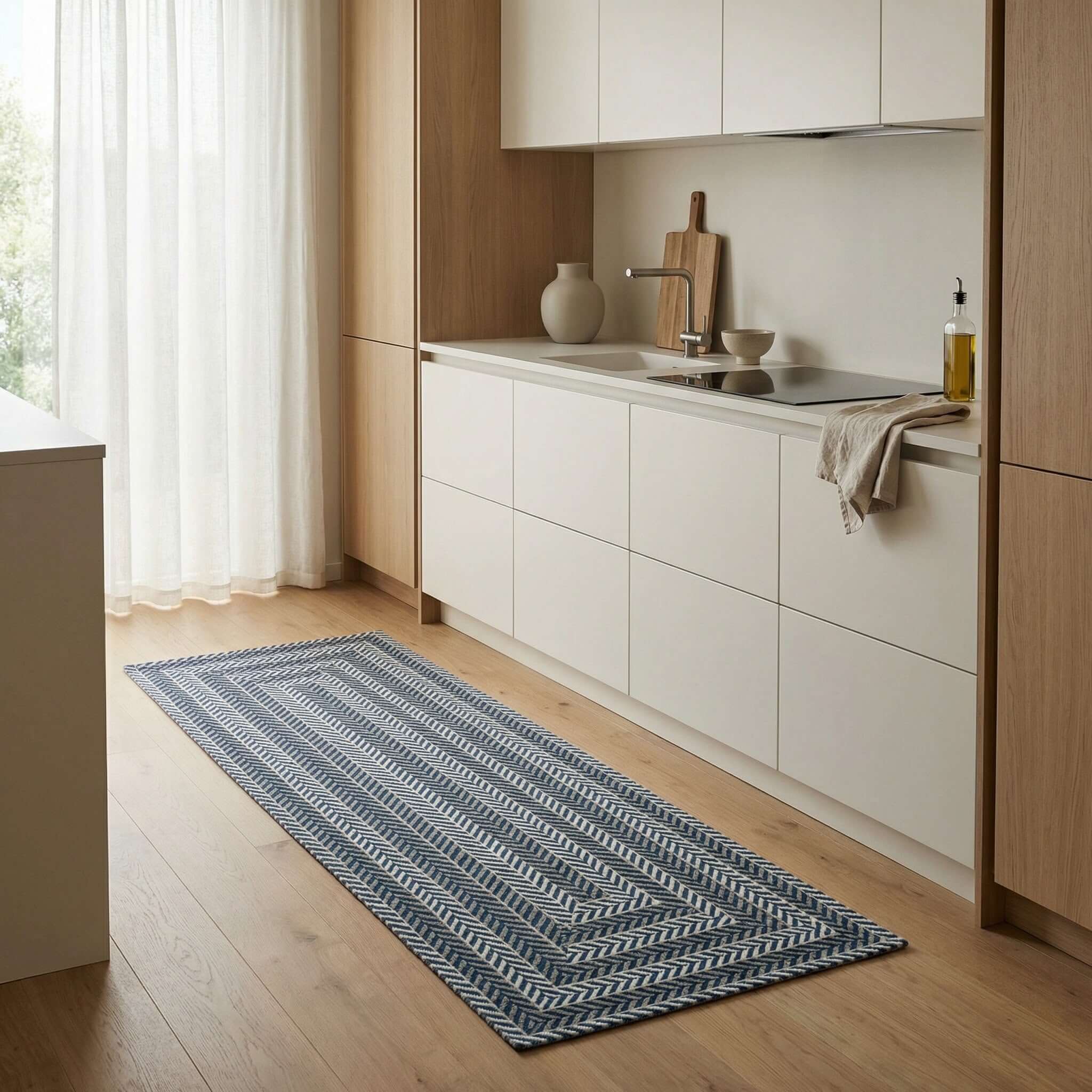 TAPPETO DA CUCINA DIS. SALICE CON ANTISCIVOLO posizionato in una cucina moderna con finiture eleganti.