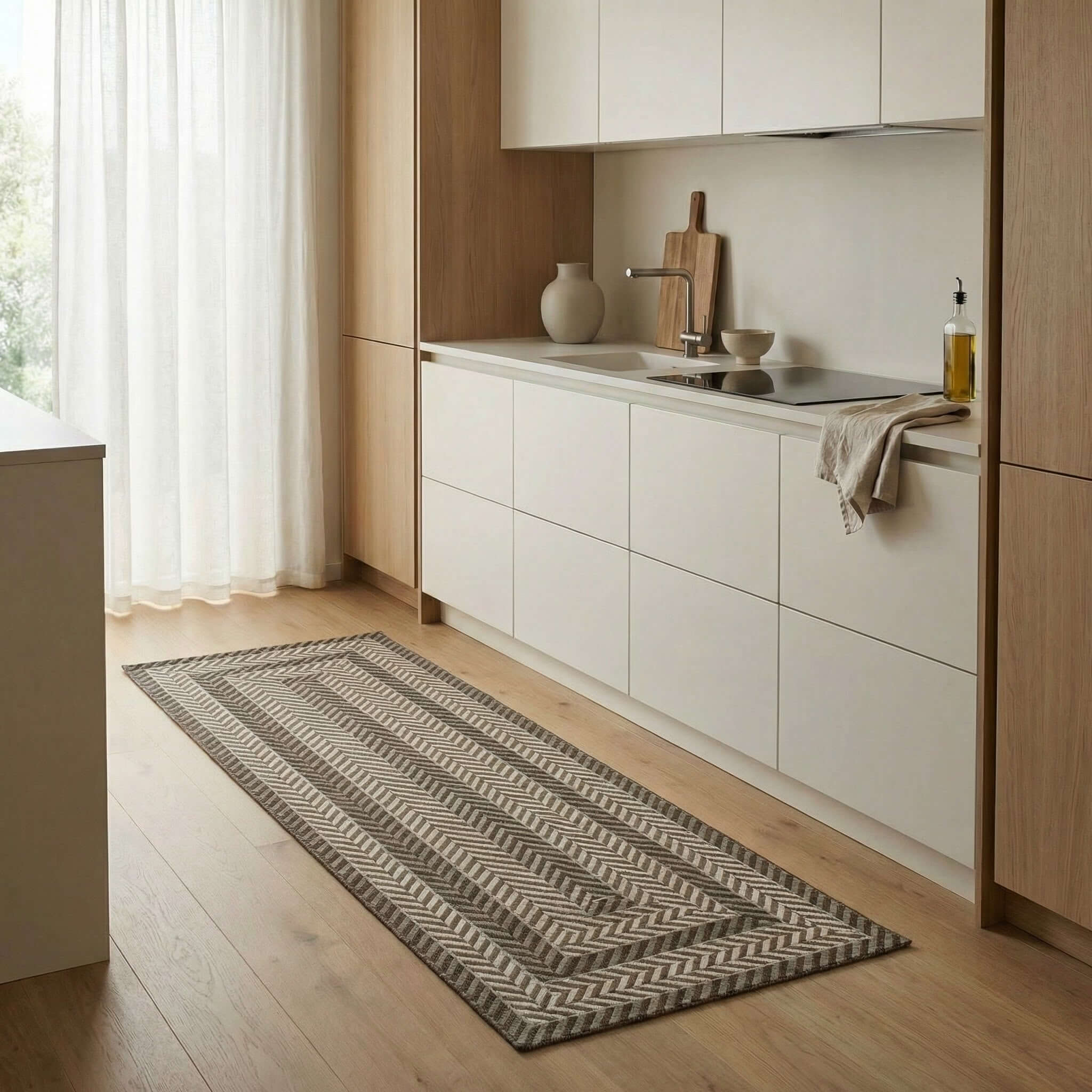 TAPPETO DA CUCINA DIS. SALICE CON ANTISCIVOLO posizionato in una moderna cucina con finiture eleganti.