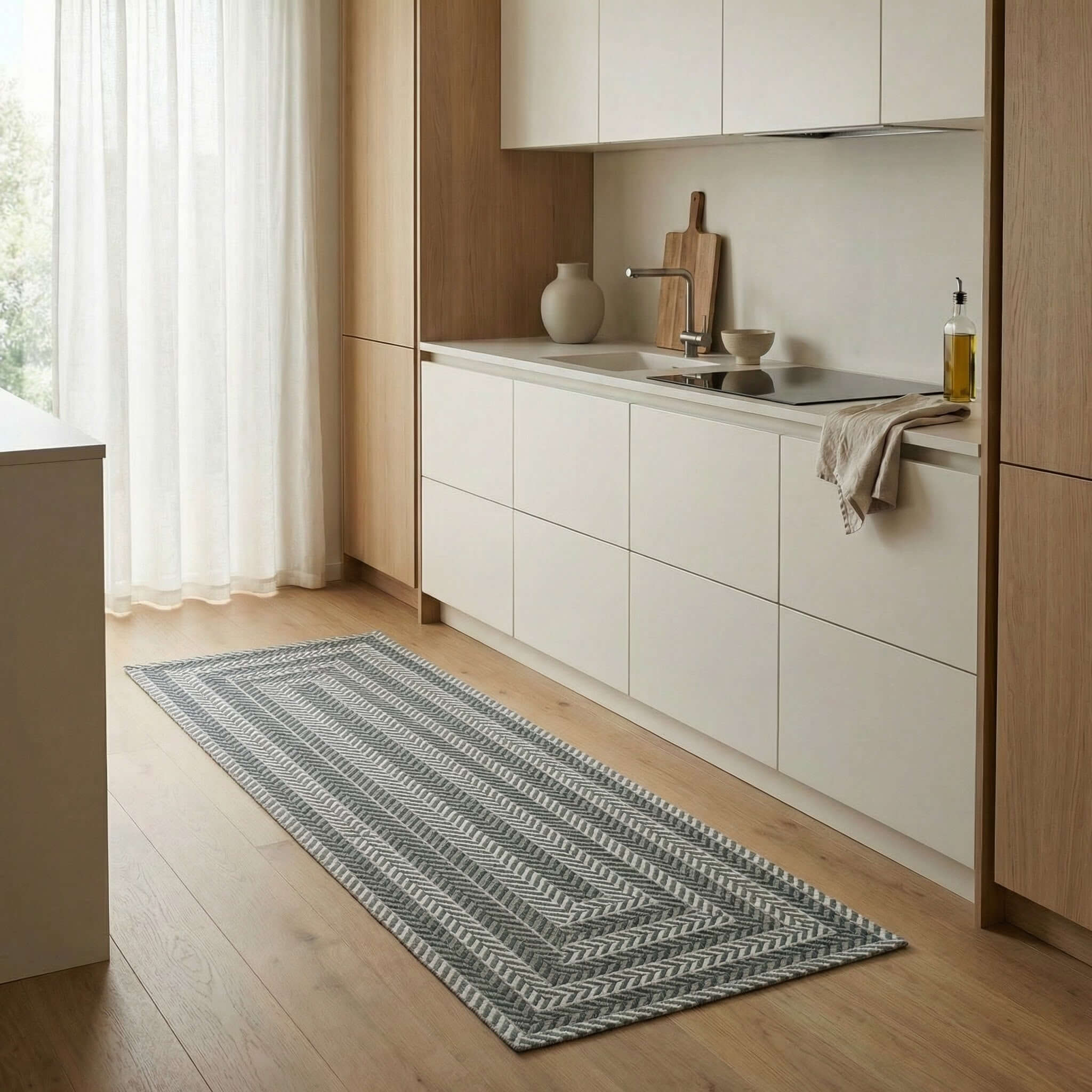 TAPPETO DA CUCINA DIS. SALICE CON ANTISCIVOLO in una cucina moderna con arredi chiari.