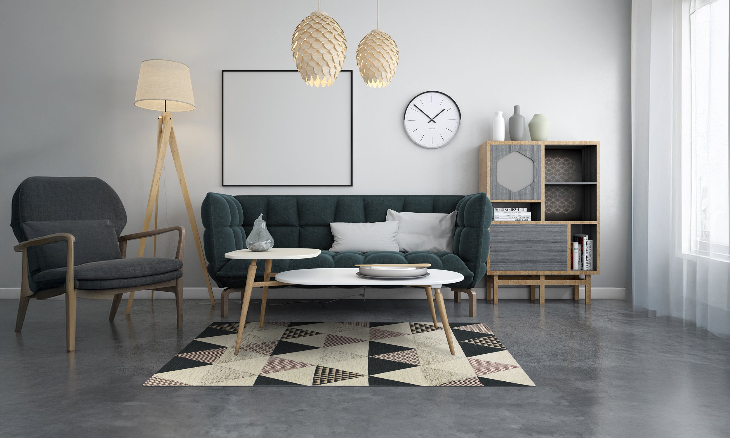 Modern living room featuring a triangular patterned rug, stylish furniture, and bright decor accents.