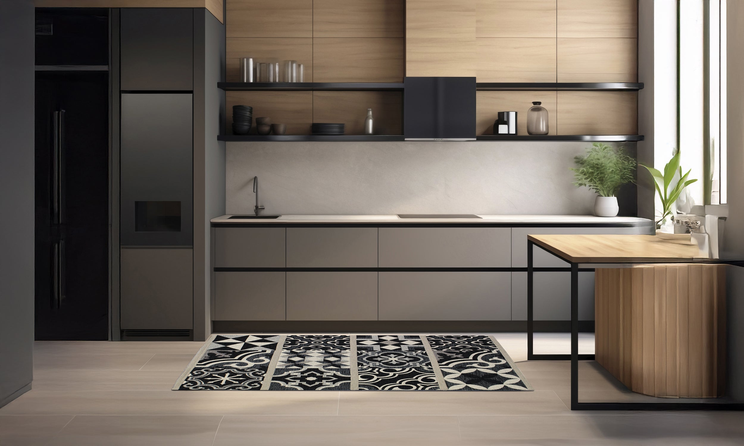 Modern black and white kitchen rug with intricate patterns, enhancing the stylish kitchen decor.