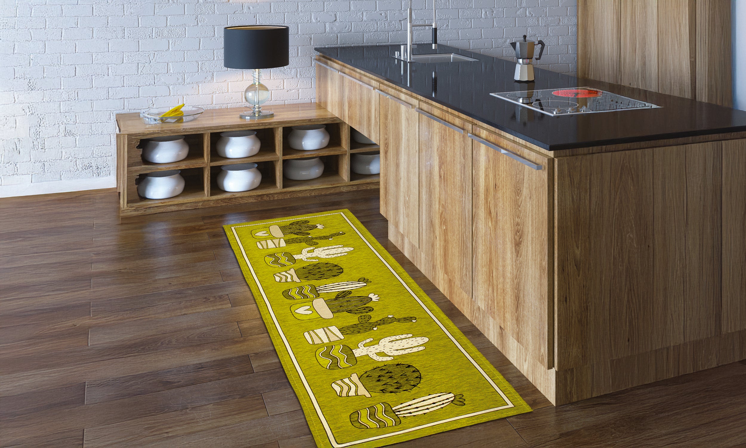 Tappeto da cucina cactus grigio perla 57x85 cm in un ambiente moderno con mobili in legno.