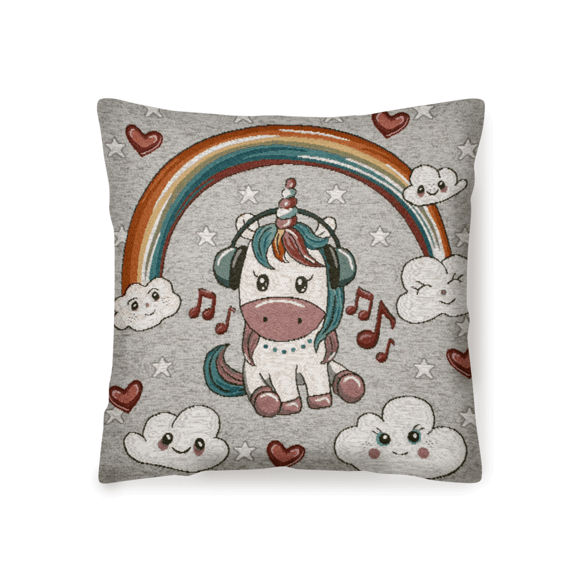 COPPIA CUSCINI ARREDO JACQUARD SFODERABILI UNICORNI con design di unicorno, arcobaleno e nuvole, decorativo per la casa.