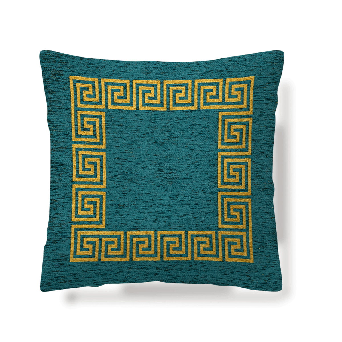 Coppia cuscini arredo jacquard sfoderabili Atene con motivo geometrico oro e blu, ideale per decorare la casa.