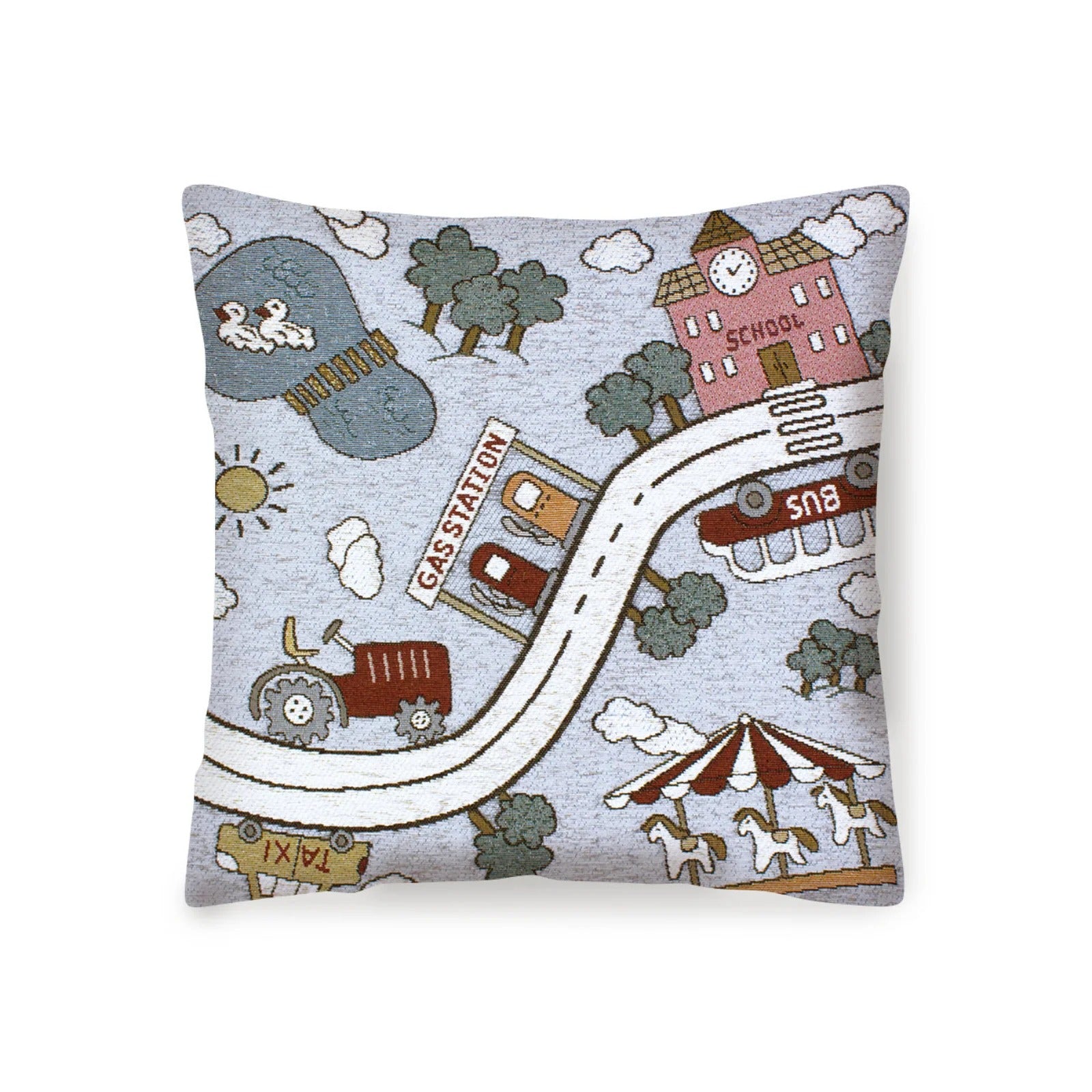 Coppia cuscini arredo jacquard sfoderabili pista con design colorato e giochi per bambini.