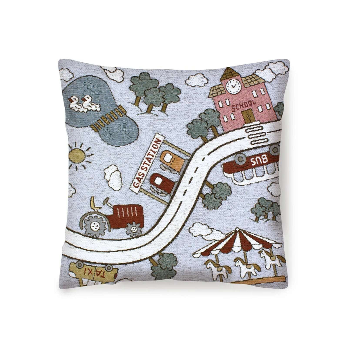 Coppia cuscini arredo jacquard sfoderabili pista con design colorato e giochi per bambini.