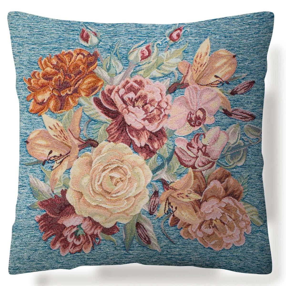 COPPIA CUSCINI ARREDO JACQUARD SFODERABILI ROSES con design floreale su sfondo azzurro.