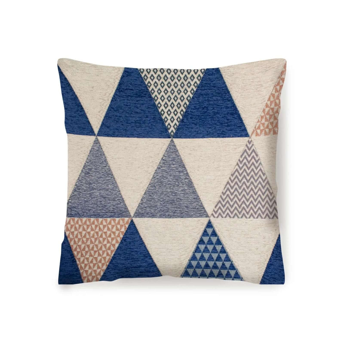 COPPIA CUSCINI ARREDO JACQUARD SFODERABILI TRIANGOLI con design geometrico a triangoli blu e beige.