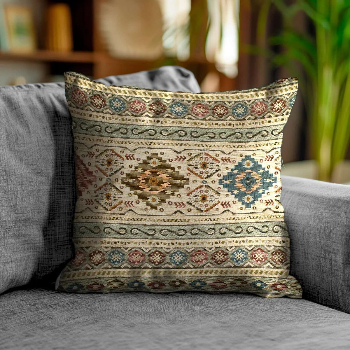 COPPIA CUSCINO ARREDO JACQUARD SFODERABILI LOOM con design ornamentale su sofà.
