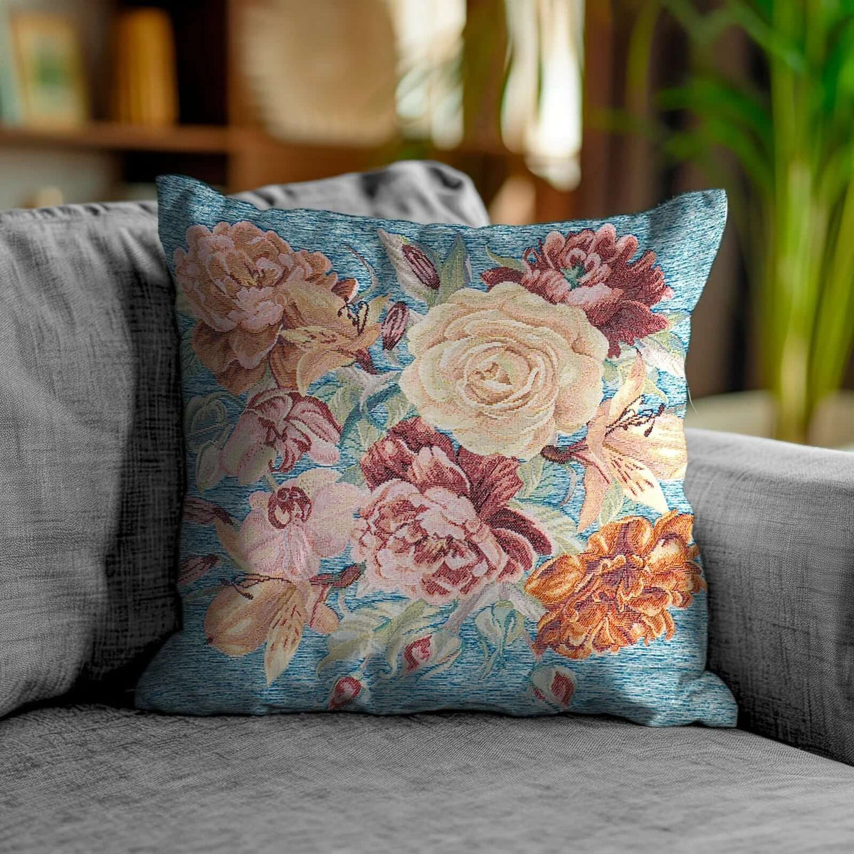 COPPIA CUSCINI ARREDO JACQUARD SFODERABILI ROSES con motivo floreale su sfondo blu, perfetti per decorare gli interni.