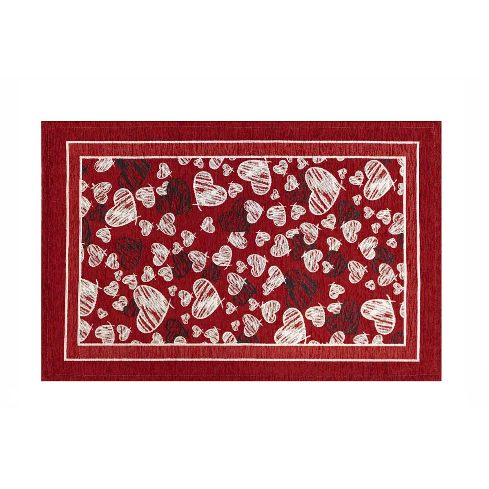TAPPETO DA CUCINA DIS.MELODY CON ANTISCIVOLO, tappeto moderno rosso con cuori bianchi, effetto scolpito e antiscivolo.