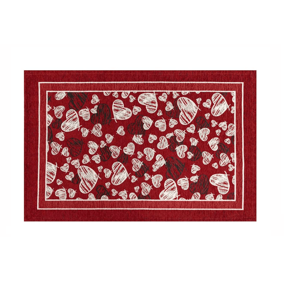 TAPPETO DA CUCINA DIS.MELODY CON ANTISCIVOLO, tappeto moderno rosso con cuori bianchi, effetto scolpito e antiscivolo.