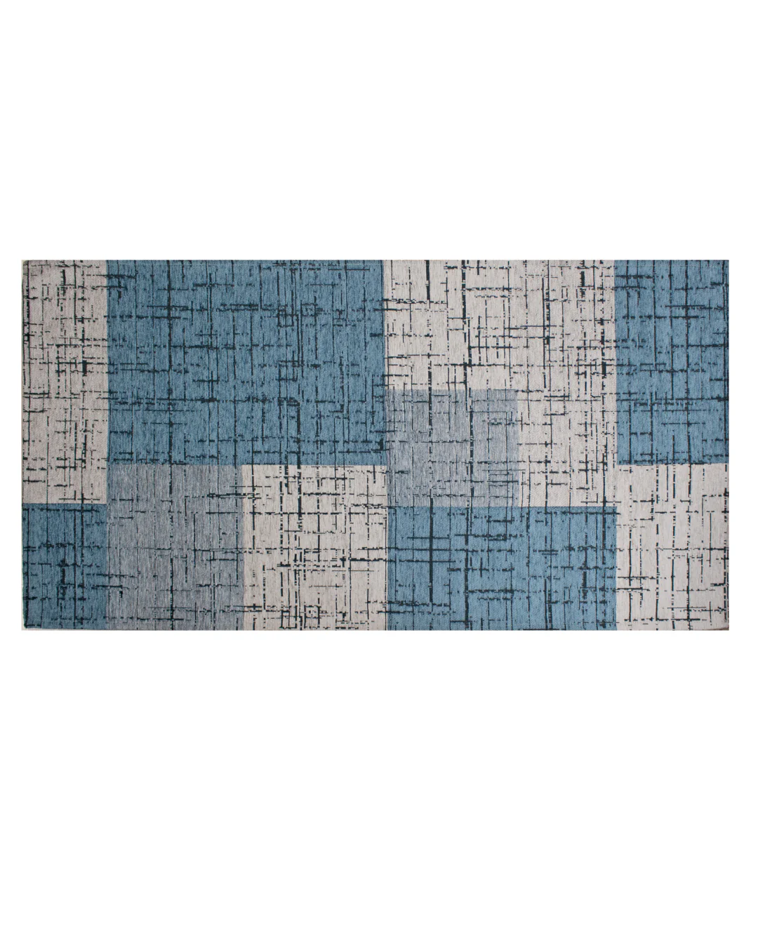 TAPPETO ARREDO GEOMETRICO DIS. MONDRIAN CON ANTISCIVOLO in blu e bianco, design moderno e facile da pulire.