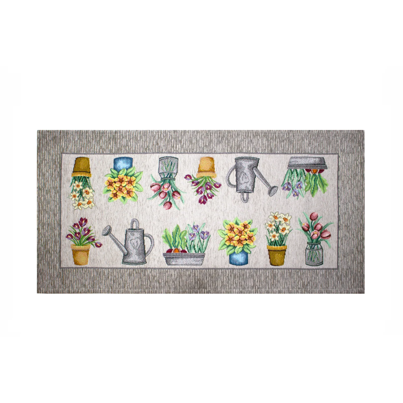 TAPPETO DA CUCINA DIS.DALILA ANTISCIVOLO con disegni di fiori e annaffiatoi su sfondo chiaro.