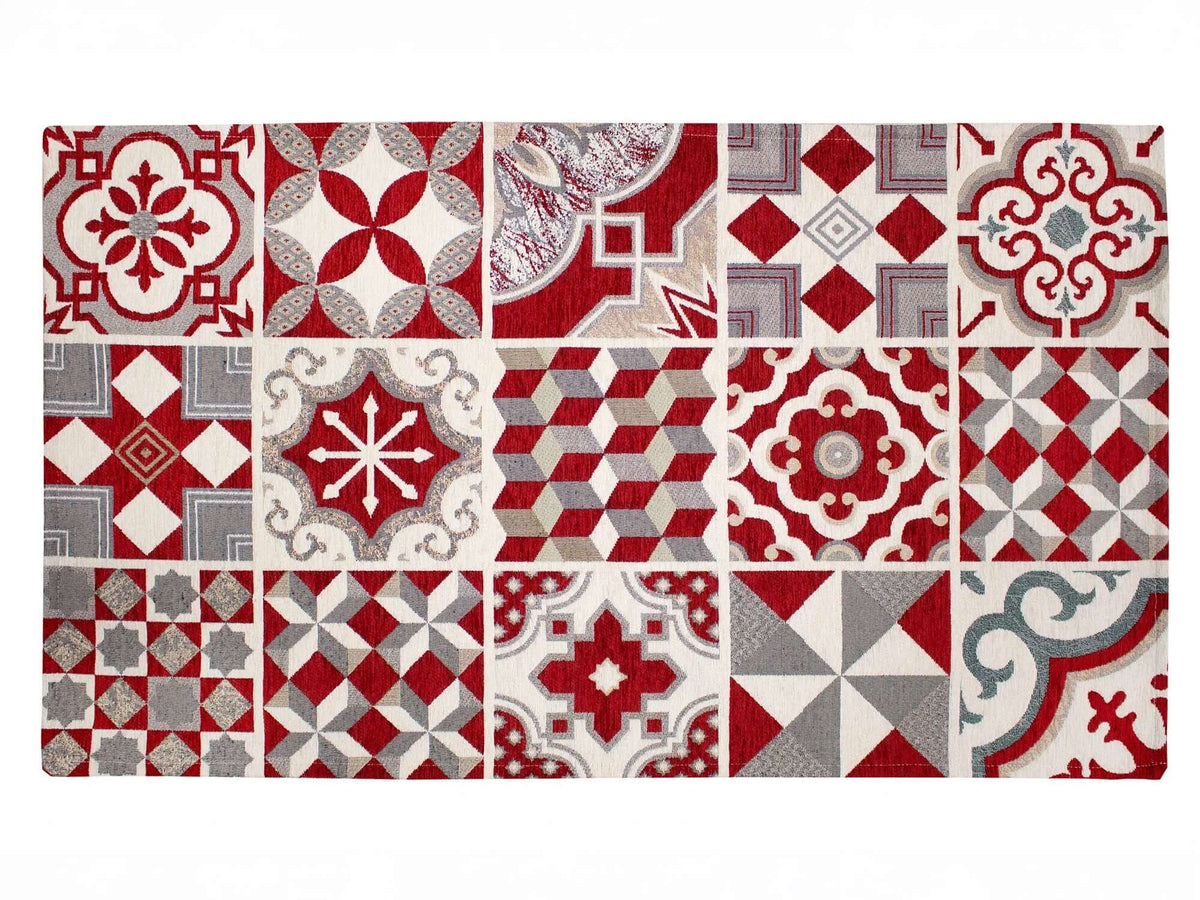 TAPPETO ARREDO DIS. MAIOLICHE CON ANTISCIVOLO, tappeto moderno con design a motivi geometrici in rosso e grigio.