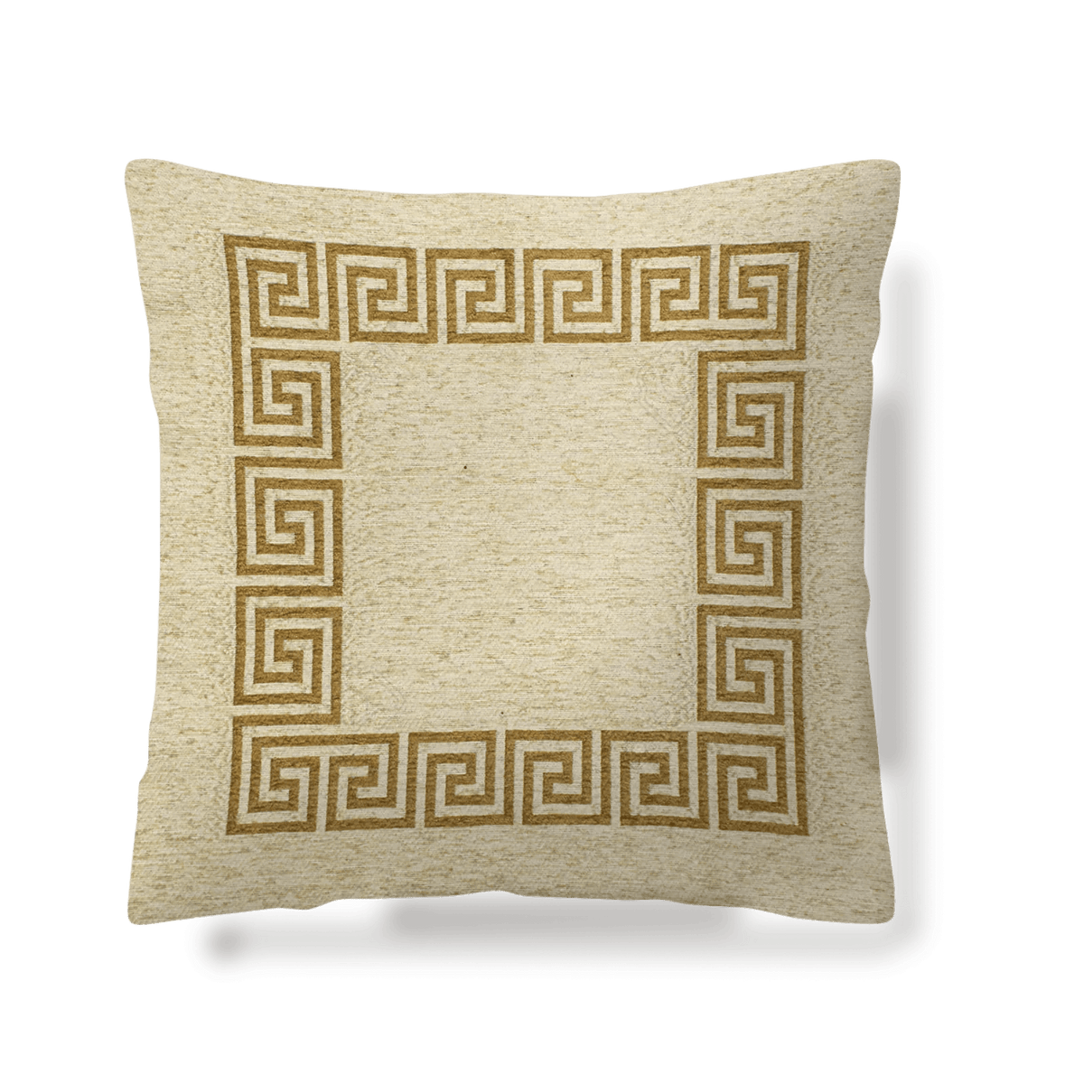 COPPIA CUSCINI ARREDO JACQUARD SFODERABILI ATENE con design greco in oro su fondo beige.