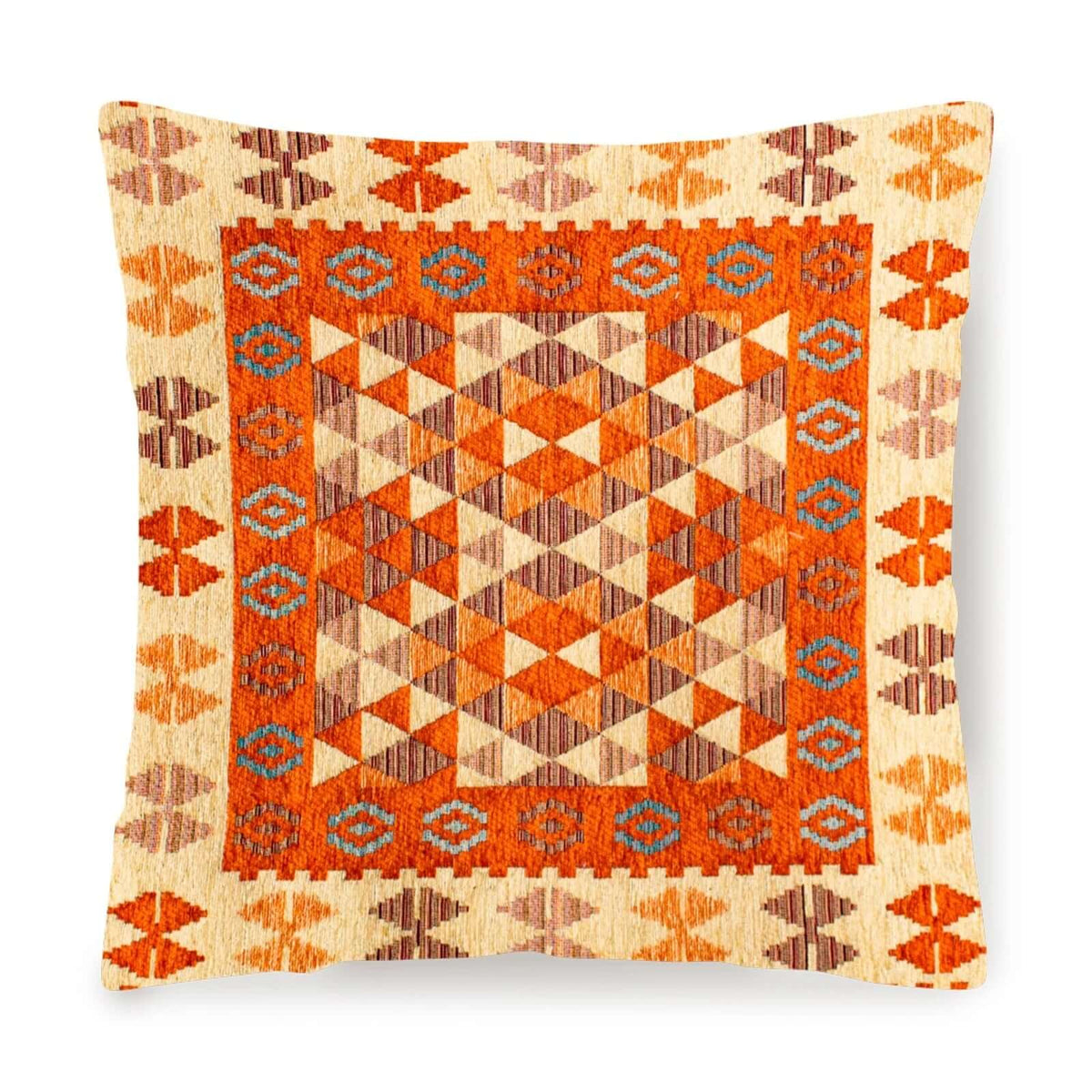 COPPIA CUSCINI ARREDO JACQUARD SFODERABILI KILIM cuscino decorativo con motivo geometrico in tonalità arancione e beige.