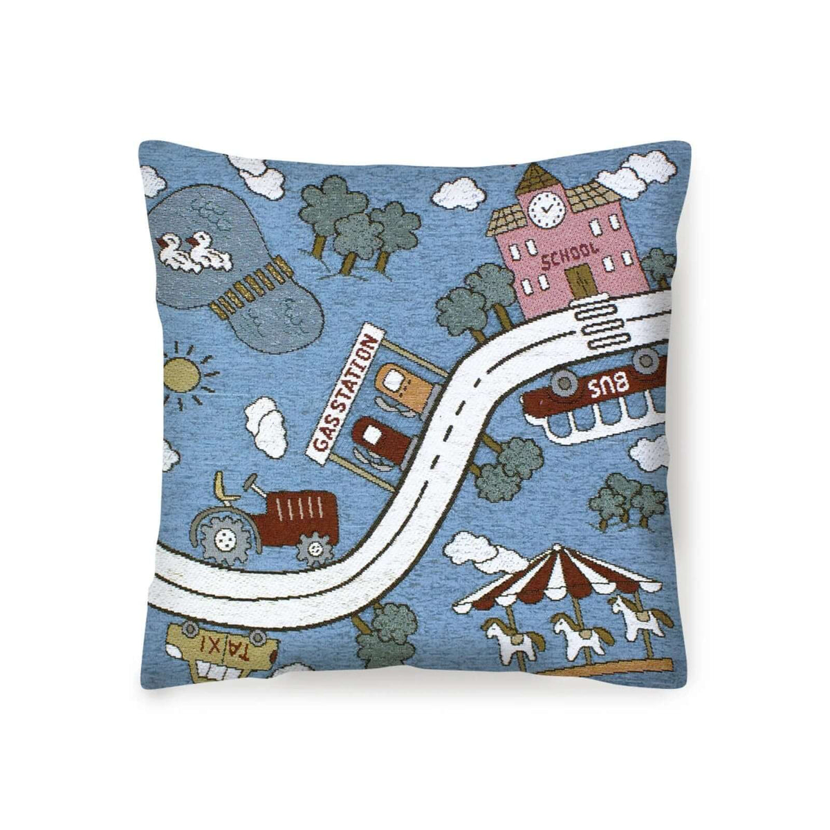 Coppia cuscini arredo jacquard sfoderabili pista con design divertente di scuola, autobus e stazione in tessuto blu.