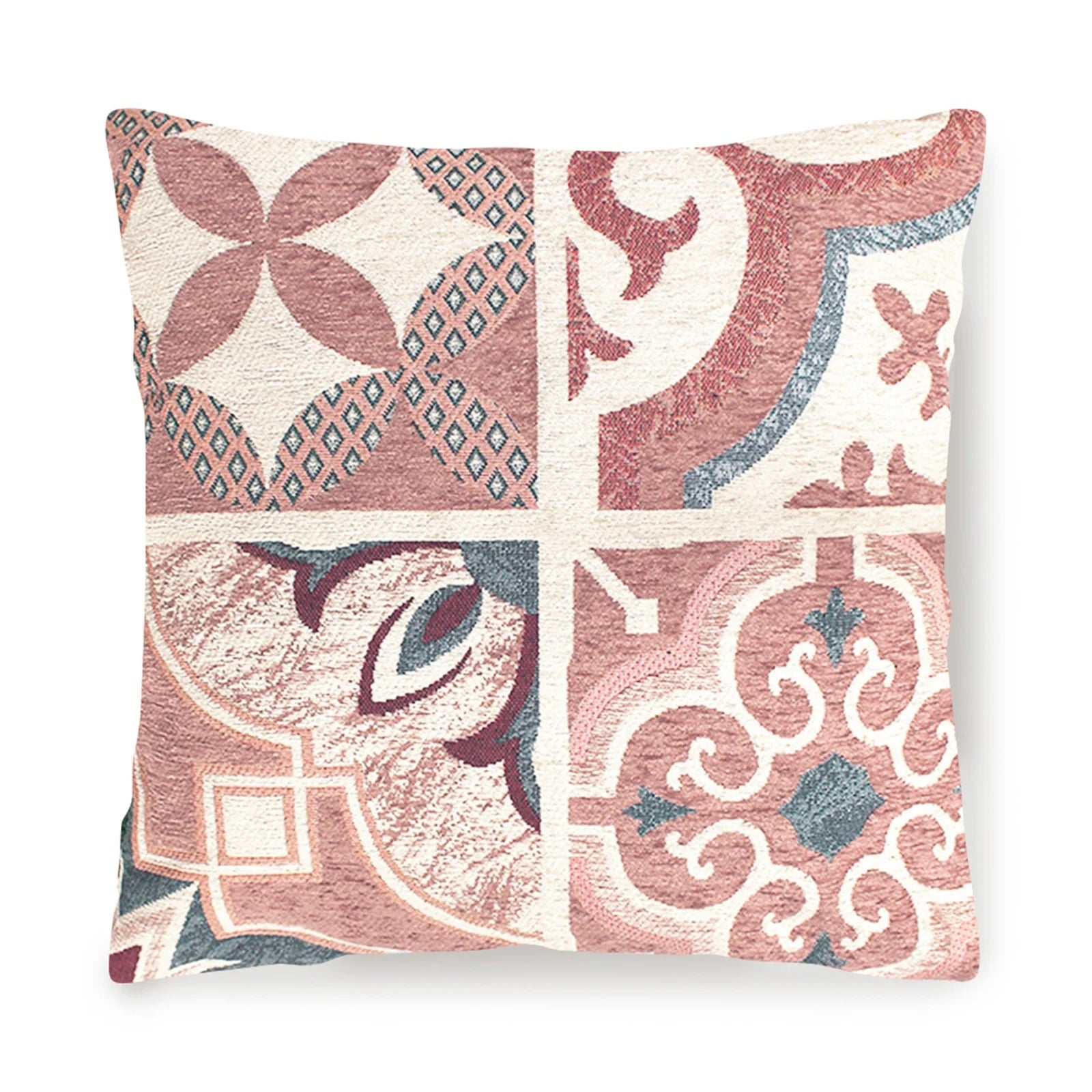 COPPIA CUSCINI ARREDO JACQUARD SFODERABILI MAIOLICHE con motivi decorativi in tonalità rosa e beige.
