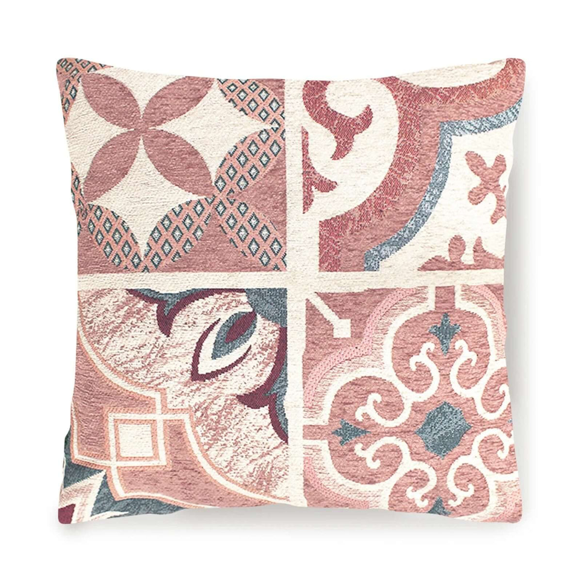 COPPIA CUSCINI ARREDO JACQUARD SFODERABILI MAIOLICHE con motivi decorativi in tonalità rosa e beige.