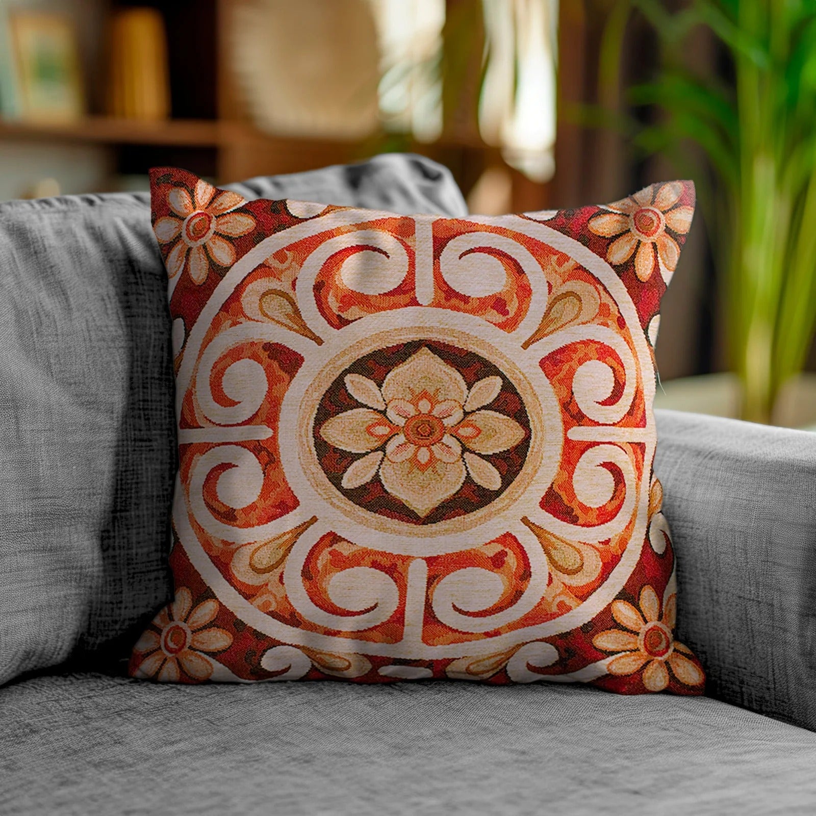 COPPIA CUSCINI ARREDO JACQUARD SFODERABILI ANDALUSIA su un divano grigio, cuscini decorativi in stile elegante.