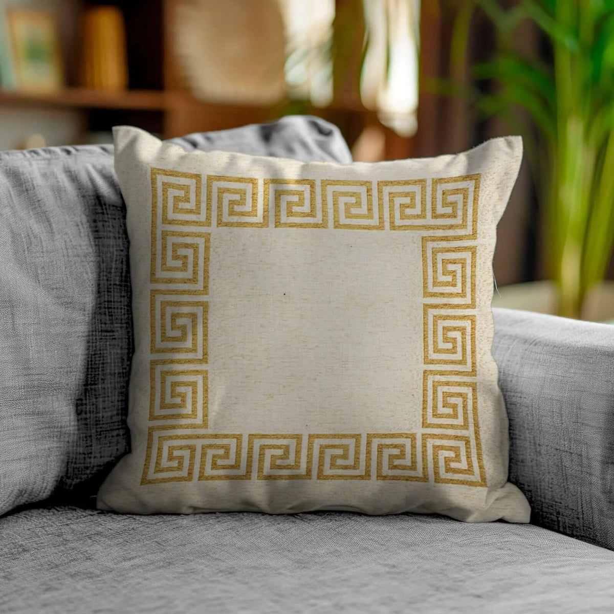 COPPIA CUSCINI ARREDO JACQUARD SFODERABILI ATENE decorativo in jacquard con motivo greco su divano.