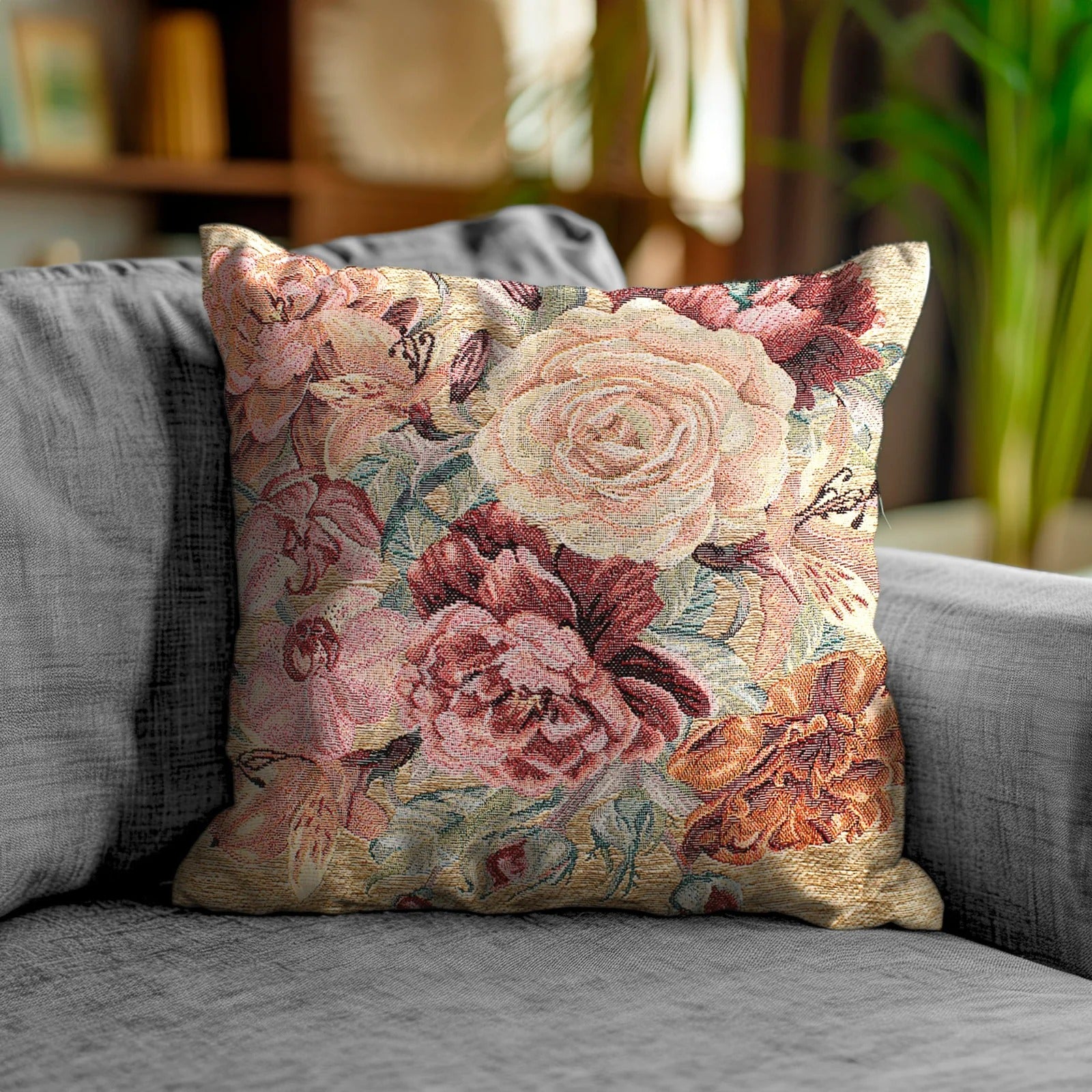COPPIA CUSCINI ARREDO JACQUARD SFODERABILI ROSES decorativo con design floreale su un divano