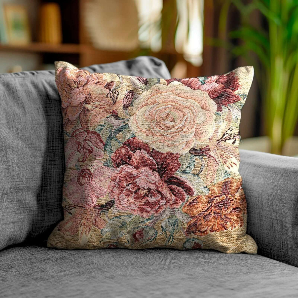 COPPIA CUSCINI ARREDO JACQUARD SFODERABILI ROSES decorativo con design floreale su un divano